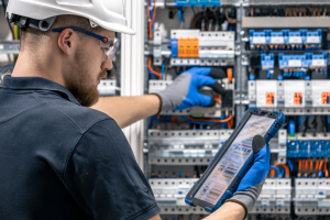 Tecnico che lavora su cabine elettriche di media e bassa tensione
